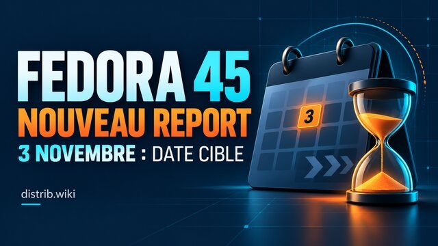 Fedora 45, nouveau report : 3 novembre indiqué comme date cible, avec un calendrier et un sablier sur fond bleu.