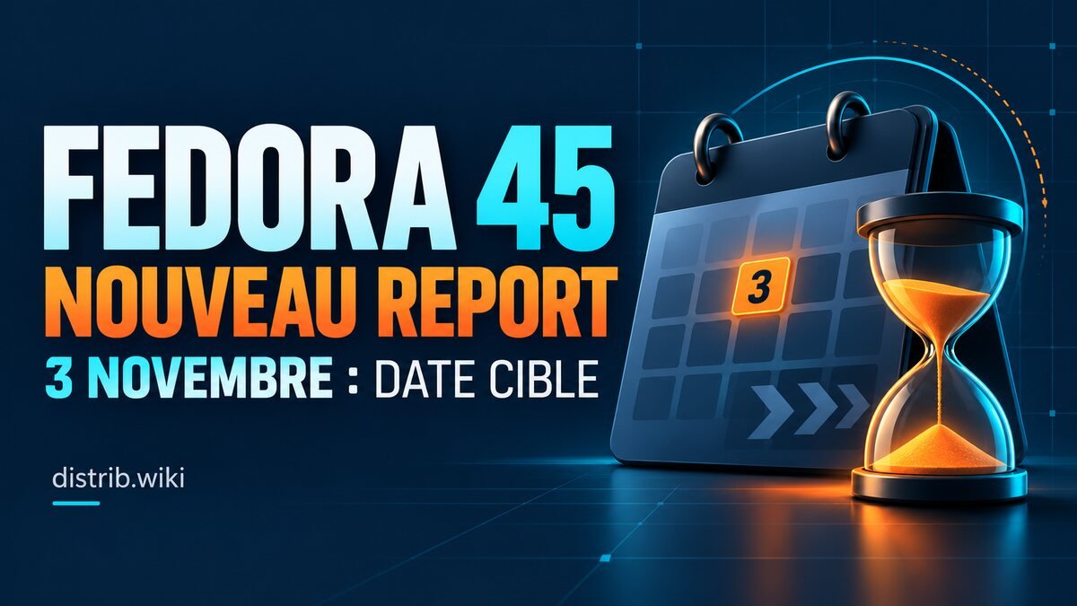 Fedora 45 : nouveau report, objectif 3 novembre Fedora 45, nouveau report : 3 novembre indiqué comme date cible, avec un calendrier et un sablier sur fond bleu.