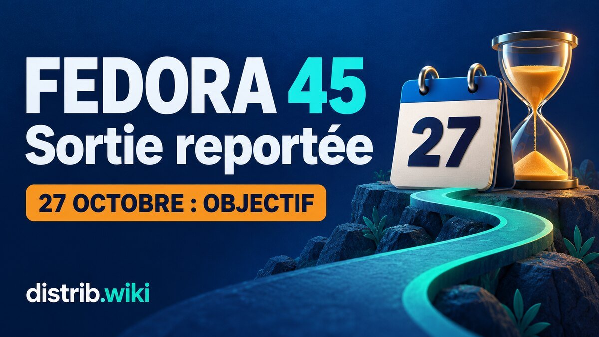 Fedora 45 : sortie reportée, objectif 27 octobre, avec un calendrier et un sablier sur fond bleu.