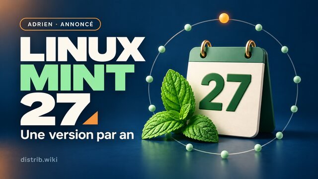 Linux Mint 27, Adrien annoncé : une version par an, illustré par un calendrier et des feuilles de menthe.