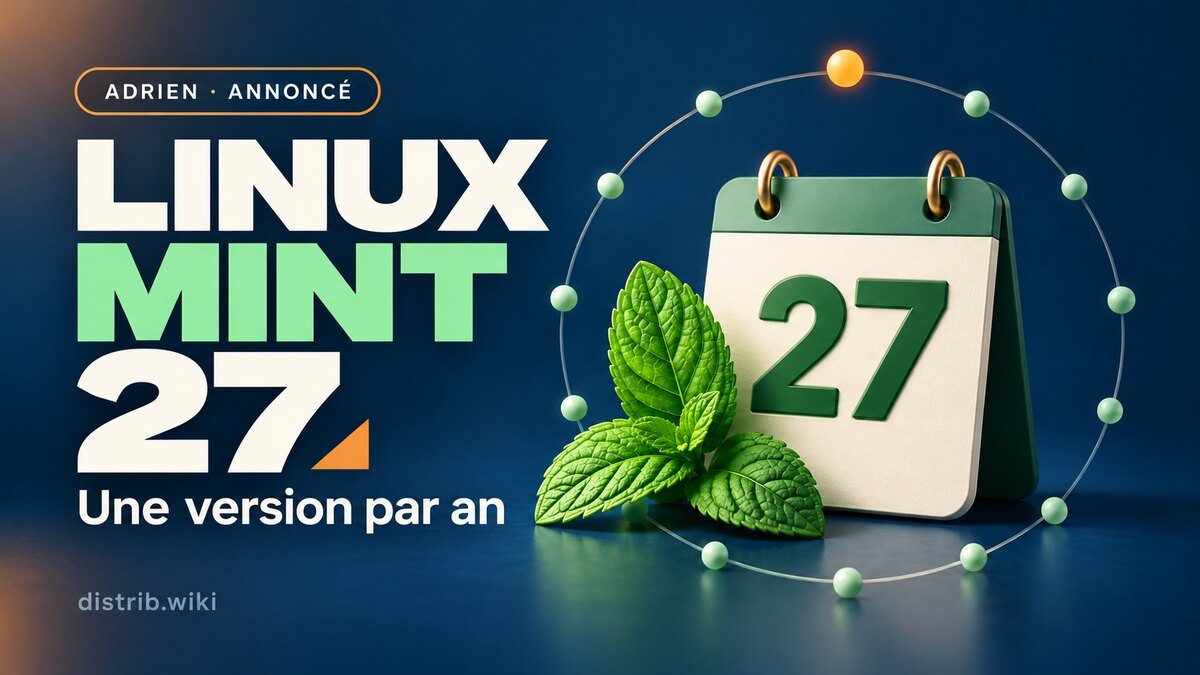 Linux Mint 27, Adrien annoncé : une version par an, illustré par un calendrier et des feuilles de menthe.