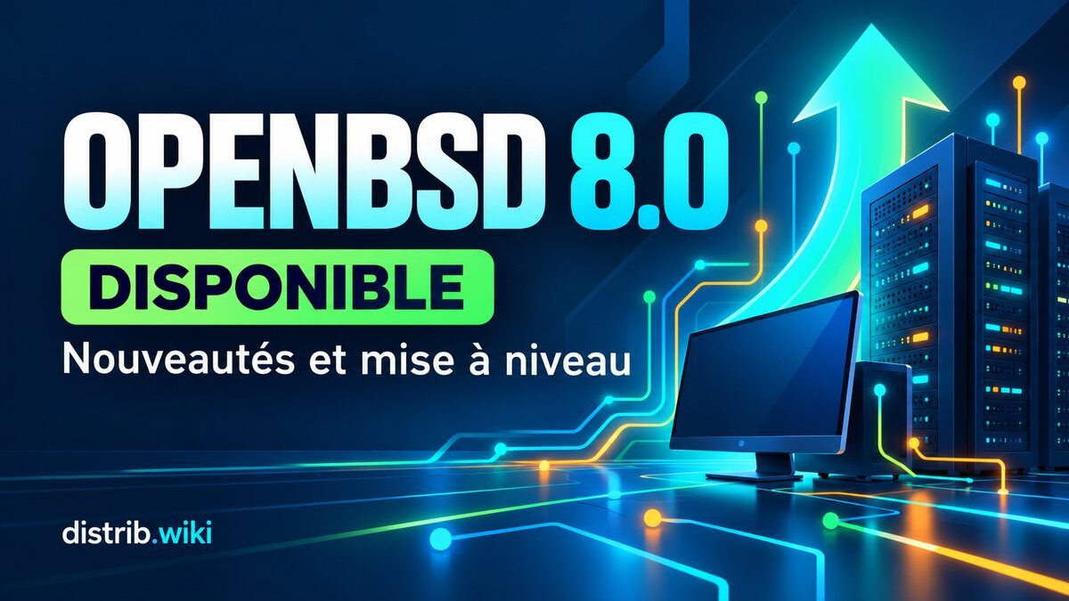 OpenBSD 8.0 : nouveautés et mise à niveau OpenBSD 8.0 disponible : nouveautés et mise à niveau, illustrées par un ordinateur, des serveurs et une flèche ascendante.